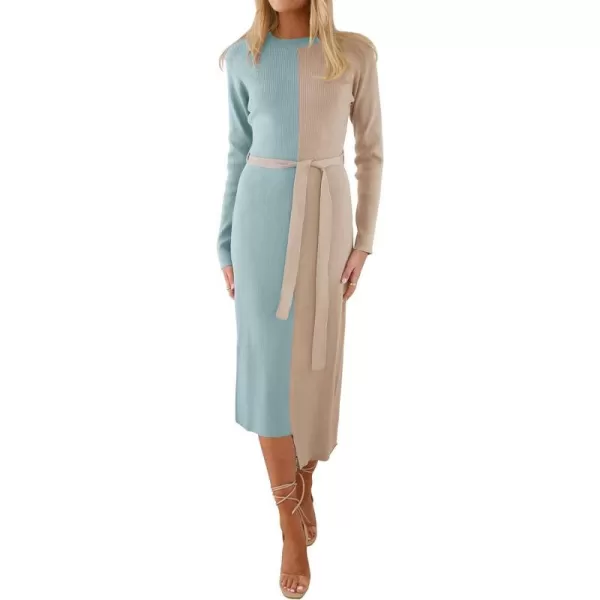 imageZESICA Womens 2023 Fall Ribbed Knit Sweater Dress Elegant Long Sleeve Color Block Tie Waist Slim Fit Bodycon Midi DressesSage