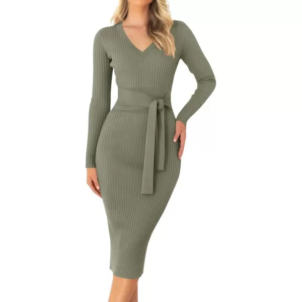 imageZESICA Womens 2023 Fall Sweater Dress V Neck Long Sleeve Ribbed Knit Tie Waist Slim Fit Bodycon Midi DressesArmygreen