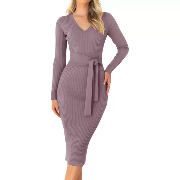 imageZESICA Womens 2023 Fall Sweater Dress V Neck Long Sleeve Ribbed Knit Tie Waist Slim Fit Bodycon Midi DressesDarkviolet