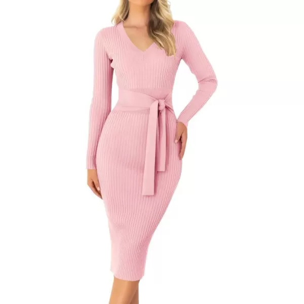 imageZESICA Womens 2023 Fall Sweater Dress V Neck Long Sleeve Ribbed Knit Tie Waist Slim Fit Bodycon Midi DressesPink