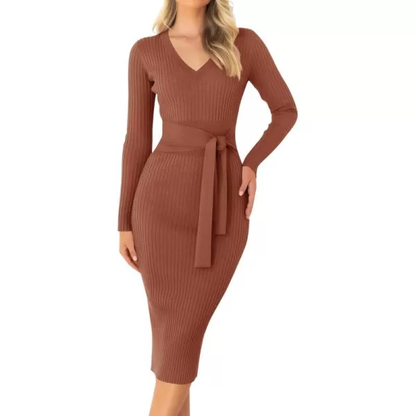 imageZESICA Womens 2023 Fall Sweater Dress V Neck Long Sleeve Ribbed Knit Tie Waist Slim Fit Bodycon Midi DressesRedbrown