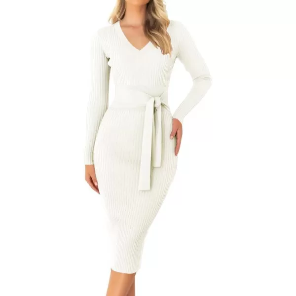 imageZESICA Womens 2023 Fall Sweater Dress V Neck Long Sleeve Ribbed Knit Tie Waist Slim Fit Bodycon Midi DressesWhite