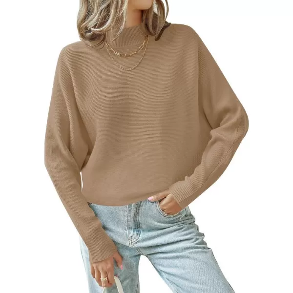 imageZESICA Womens 2023 Fall Turtleneck Batwing Long Sleeve Ribbed Knit Casual Soft Pullover Sweater Jumper TopCamel