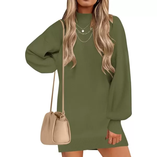 imageZESICA Womens 2023 Fall Turtleneck Sweaters Dress Oversized Long Lantern Sleeve Casual Knit Pullover Short DressesArmygreen