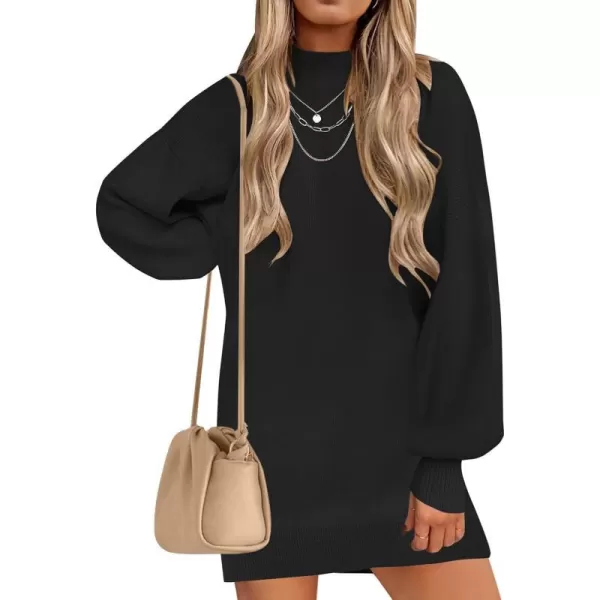 imageZESICA Womens 2023 Fall Turtleneck Sweaters Dress Oversized Long Lantern Sleeve Casual Knit Pullover Short DressesBlack