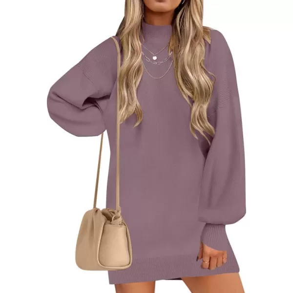 imageZESICA Womens 2023 Fall Turtleneck Sweaters Dress Oversized Long Lantern Sleeve Casual Knit Pullover Short DressesDarkviolet