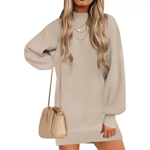 imageZESICA Womens 2023 Fall Turtleneck Sweaters Dress Oversized Long Lantern Sleeve Casual Knit Pullover Short DressesGreykhaki