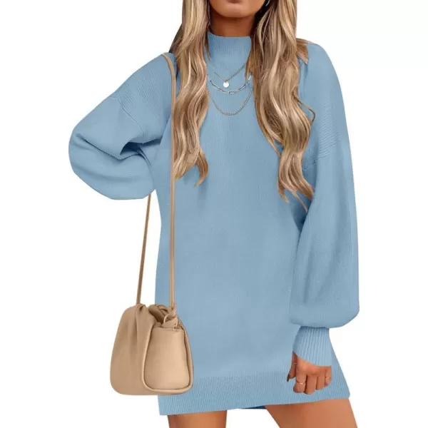 imageZESICA Womens 2023 Fall Turtleneck Sweaters Dress Oversized Long Lantern Sleeve Casual Knit Pullover Short DressesLightblue