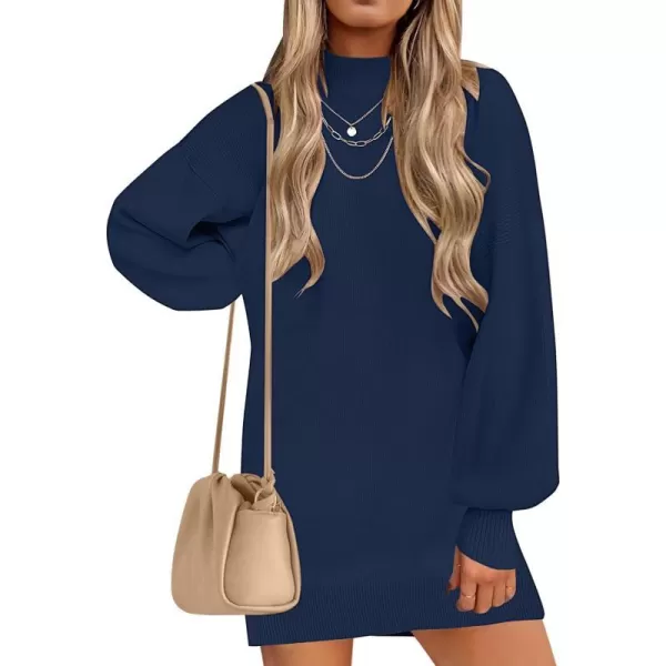imageZESICA Womens 2023 Fall Turtleneck Sweaters Dress Oversized Long Lantern Sleeve Casual Knit Pullover Short DressesNavy
