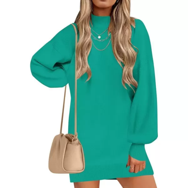 imageZESICA Womens 2023 Fall Turtleneck Sweaters Dress Oversized Long Lantern Sleeve Casual Knit Pullover Short DressesPeacock