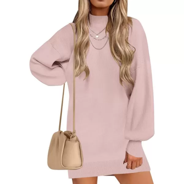 imageZESICA Womens 2023 Fall Turtleneck Sweaters Dress Oversized Long Lantern Sleeve Casual Knit Pullover Short DressesPink