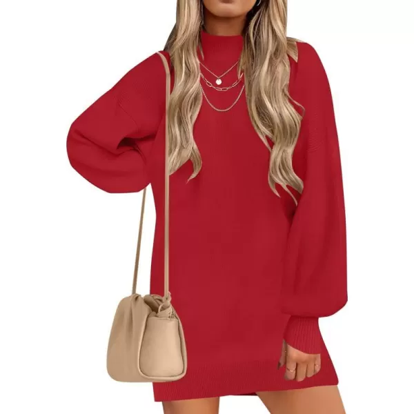 imageZESICA Womens 2023 Fall Turtleneck Sweaters Dress Oversized Long Lantern Sleeve Casual Knit Pullover Short DressesRed