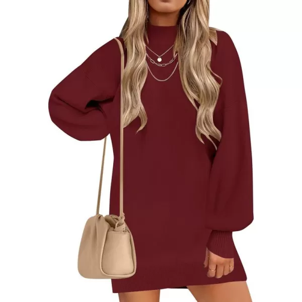 imageZESICA Womens 2023 Fall Turtleneck Sweaters Dress Oversized Long Lantern Sleeve Casual Knit Pullover Short DressesWine