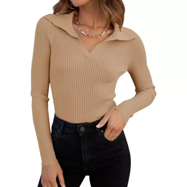 imageZESICA Womens 2023 Fall V Neck Shirts Long Sleeve Ribbed Knit Sweater Lapel Slim Fitted Casual Basic Tee TopsToffee