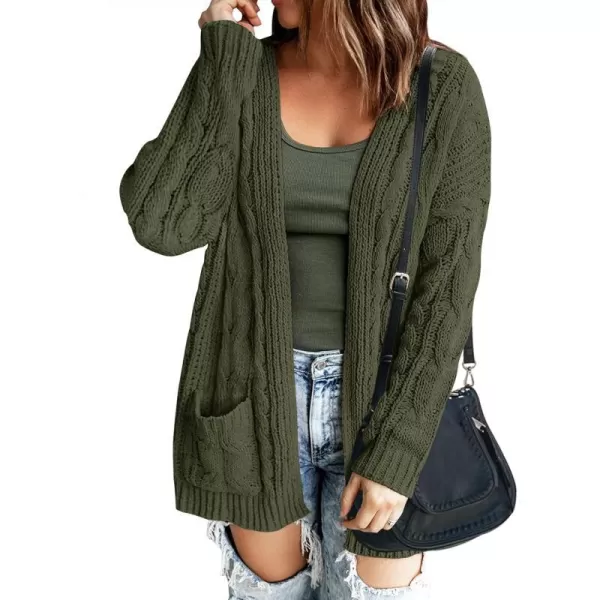imageZESICA Womens 2023 Fall Winter Chunky Cable Knit Open Front Sweater Long Sleeve Casual Loose Cardigan Outerwear CoatsArmygreen