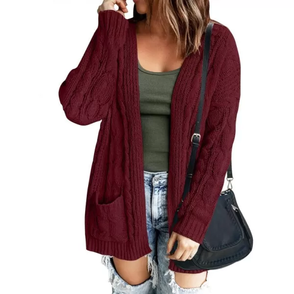 imageZESICA Womens 2023 Fall Winter Chunky Cable Knit Open Front Sweater Long Sleeve Casual Loose Cardigan Outerwear CoatsBurgundy