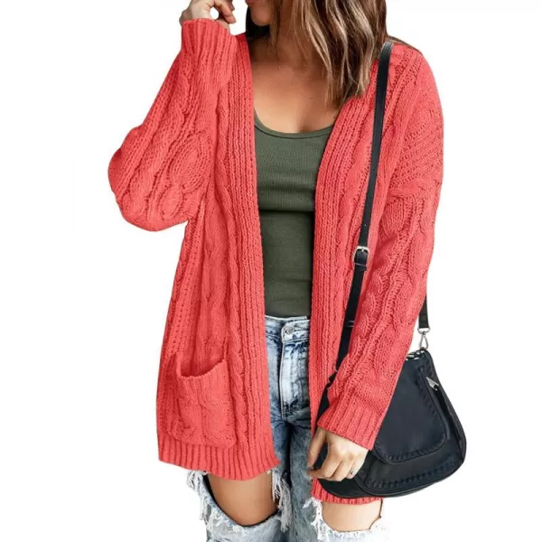 imageZESICA Womens 2023 Fall Winter Chunky Cable Knit Open Front Sweater Long Sleeve Casual Loose Cardigan Outerwear CoatsWatermelon