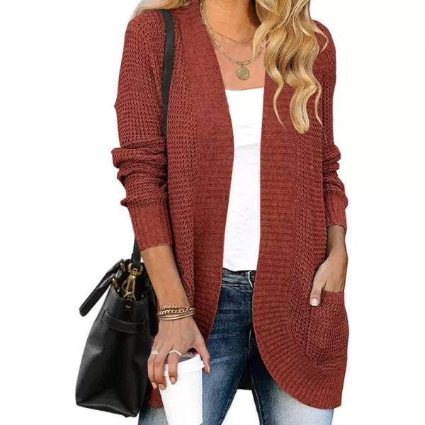 imageZESICA Womens 2023 Fall Winter Long Sleeve Open Front Casual Lightweight Soft Knit Cardigan Sweater OuterwearRust