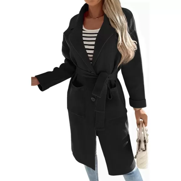imageZESICA Womens 2023 Fall Winter Long Sleeve Open Front Knit Cardigan Lapel Button Down Belted Sweater Coat with PocketsBlack