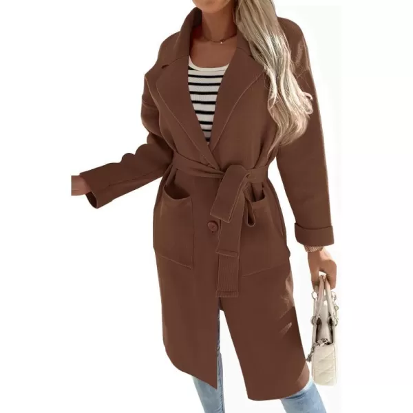 imageZESICA Womens 2023 Fall Winter Long Sleeve Open Front Knit Cardigan Lapel Button Down Belted Sweater Coat with PocketsBrown