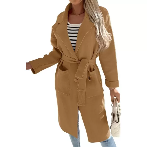 imageZESICA Womens 2023 Fall Winter Long Sleeve Open Front Knit Cardigan Lapel Button Down Belted Sweater Coat with PocketsCamel
