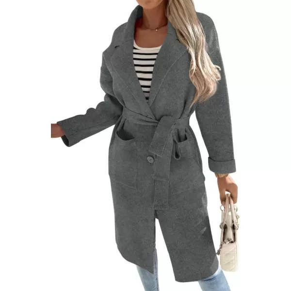 imageZESICA Womens 2023 Fall Winter Long Sleeve Open Front Knit Cardigan Lapel Button Down Belted Sweater Coat with PocketsDarkgrey