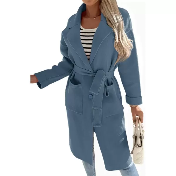 imageZESICA Womens 2023 Fall Winter Long Sleeve Open Front Knit Cardigan Lapel Button Down Belted Sweater Coat with PocketsDustyblue