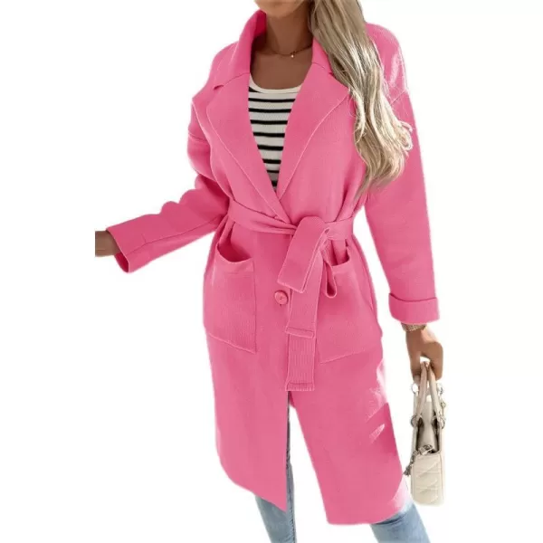 imageZESICA Womens 2023 Fall Winter Long Sleeve Open Front Knit Cardigan Lapel Button Down Belted Sweater Coat with PocketsHotpink