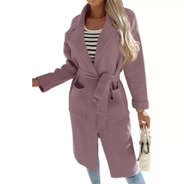 imageZESICA Womens 2023 Fall Winter Long Sleeve Open Front Knit Cardigan Lapel Button Down Belted Sweater Coat with PocketsPurple