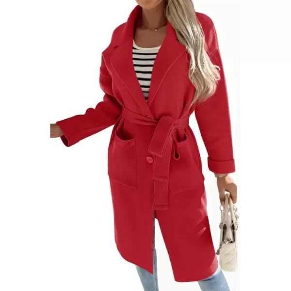 imageZESICA Womens 2023 Fall Winter Long Sleeve Open Front Knit Cardigan Lapel Button Down Belted Sweater Coat with PocketsRed