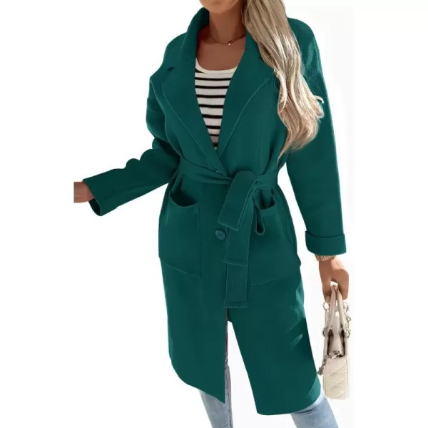 imageZESICA Womens 2023 Fall Winter Long Sleeve Open Front Knit Cardigan Lapel Button Down Belted Sweater Coat with PocketsTeal