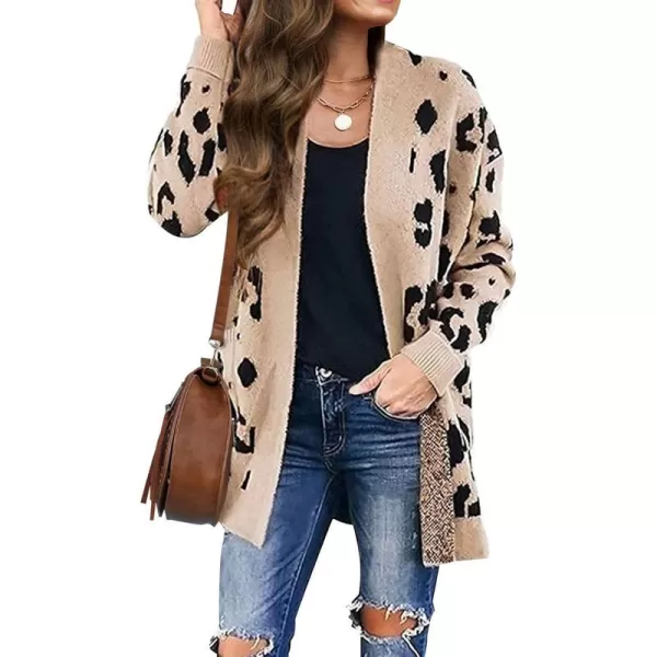 imageZESICA Womens 2023 Fall Winter Long Sleeves Open Front Leopard Print Knitted Sweater Cardigan Coat OutwearA Beige