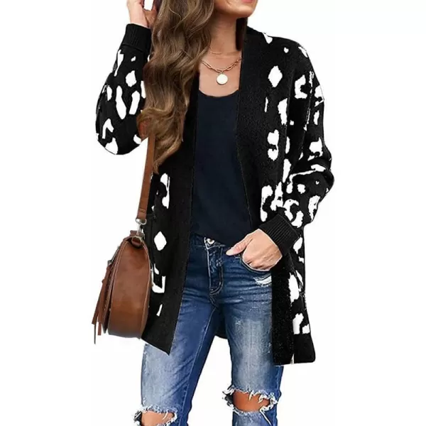 imageZESICA Womens 2023 Fall Winter Long Sleeves Open Front Leopard Print Knitted Sweater Cardigan Coat OutwearA Black