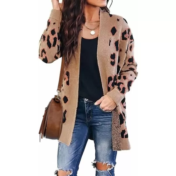 imageZESICA Womens 2023 Fall Winter Long Sleeves Open Front Leopard Print Knitted Sweater Cardigan Coat OutwearA Khaki