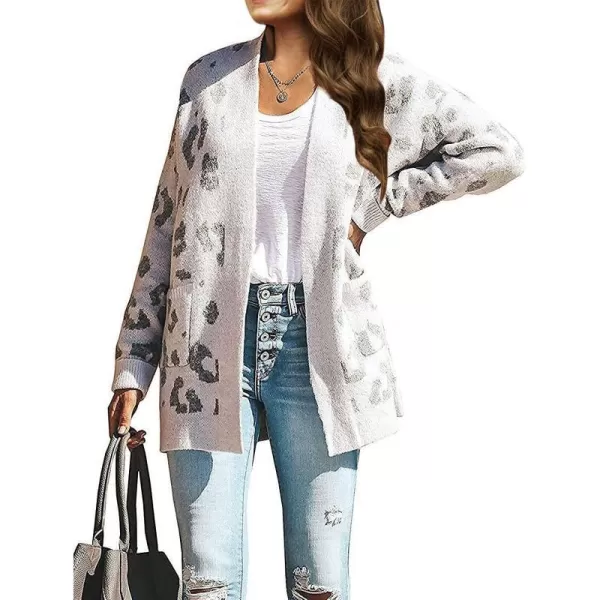 imageZESICA Womens 2023 Fall Winter Long Sleeves Open Front Leopard Print Knitted Sweater Cardigan Coat OutwearA White