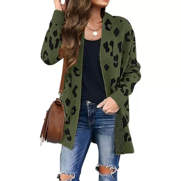 imageZESICA Womens 2023 Fall Winter Long Sleeves Open Front Leopard Print Knitted Sweater Cardigan Coat OutwearArmygreen