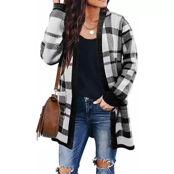 imageZESICA Womens 2023 Fall Winter Long Sleeves Open Front Leopard Print Knitted Sweater Cardigan Coat OutwearBlack Plaid