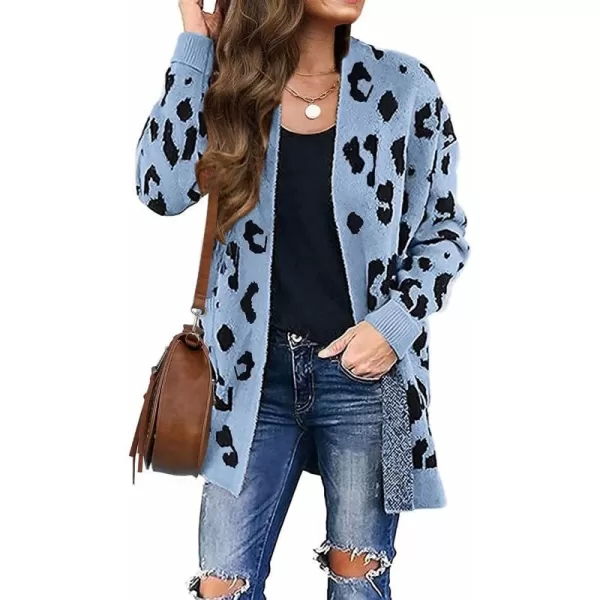 imageZESICA Womens 2023 Fall Winter Long Sleeves Open Front Leopard Print Knitted Sweater Cardigan Coat OutwearBlue