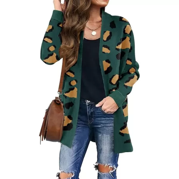 imageZESICA Womens 2023 Fall Winter Long Sleeves Open Front Leopard Print Knitted Sweater Cardigan Coat OutwearGreen