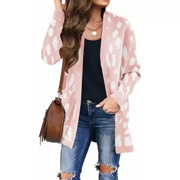 imageZESICA Womens 2023 Fall Winter Long Sleeves Open Front Leopard Print Knitted Sweater Cardigan Coat OutwearPink