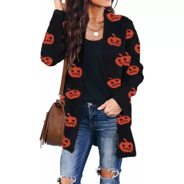 imageZESICA Womens 2023 Fall Winter Long Sleeves Open Front Leopard Print Knitted Sweater Cardigan Coat OutwearPumpkin