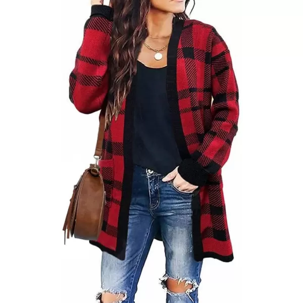 imageZESICA Womens 2023 Fall Winter Long Sleeves Open Front Leopard Print Knitted Sweater Cardigan Coat OutwearRed Plaid
