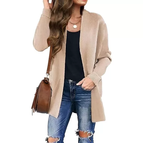 imageZESICA Womens 2023 Fall Winter Long Sleeves Open Front Leopard Print Knitted Sweater Cardigan Coat OutwearSolid Beige