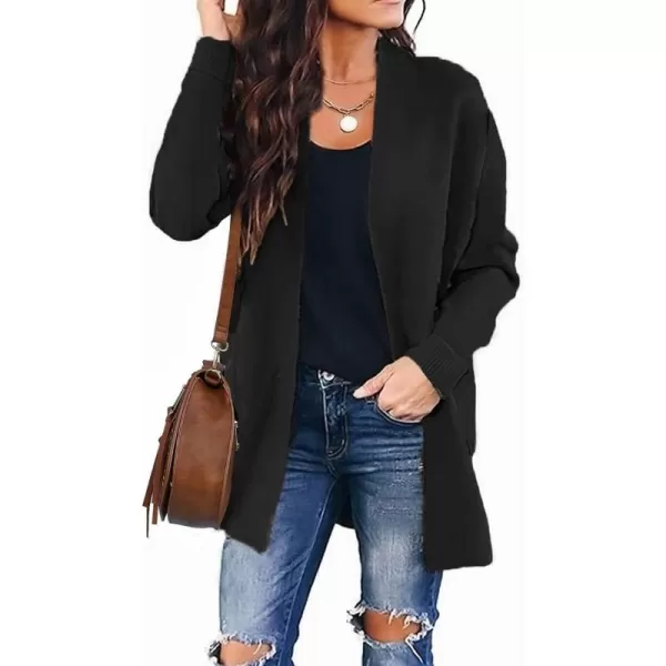 imageZESICA Womens 2023 Fall Winter Long Sleeves Open Front Leopard Print Knitted Sweater Cardigan Coat OutwearSolid Black
