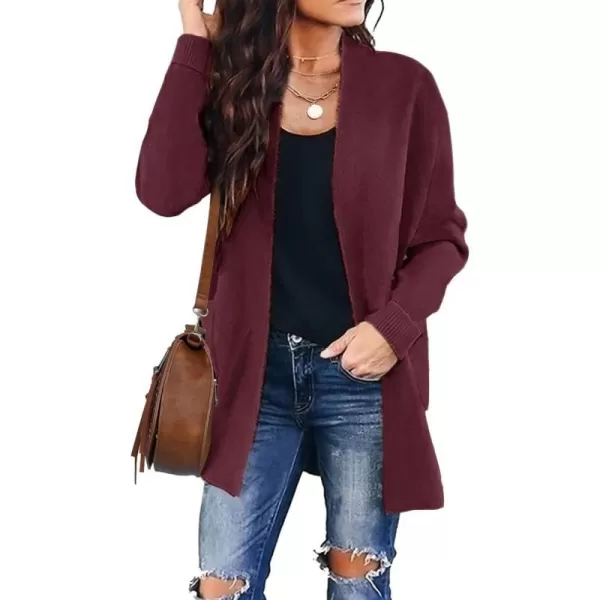 imageZESICA Womens 2023 Fall Winter Long Sleeves Open Front Leopard Print Knitted Sweater Cardigan Coat OutwearSolid Wine