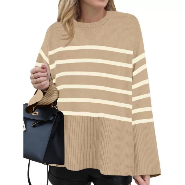 imageZESICA Womens 2023 Fall Winter Striped Long Sleeve Crew Neck Ribbed Knit Side Slit Oversized Pullover Sweater Jumper TopKhaki