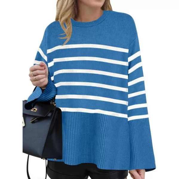 imageZESICA Womens 2023 Fall Winter Striped Long Sleeve Crew Neck Ribbed Knit Side Slit Oversized Pullover Sweater Jumper TopLakeblue