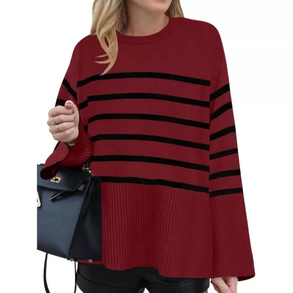 imageZESICA Womens 2023 Fall Winter Striped Long Sleeve Crew Neck Ribbed Knit Side Slit Oversized Pullover Sweater Jumper TopWine