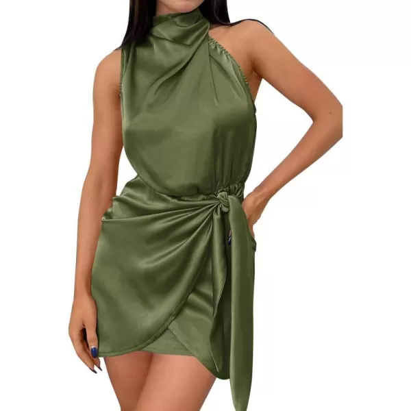imageZESICA Womens 2023 Fashion Satin Sleeveless Halter Neck Tie Waist Wrap Bodycon Cocktail Party Mini DressArmygreen