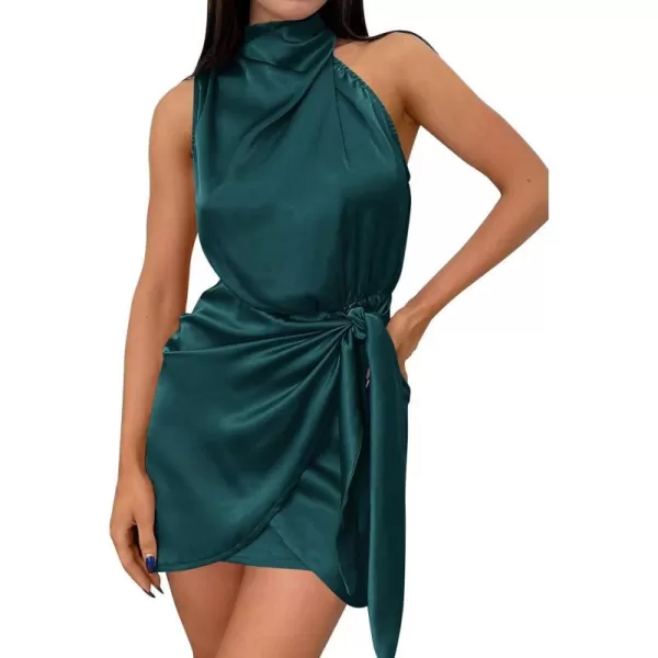 imageZESICA Womens 2023 Fashion Satin Sleeveless Halter Neck Tie Waist Wrap Bodycon Cocktail Party Mini DressEmeraldgreen